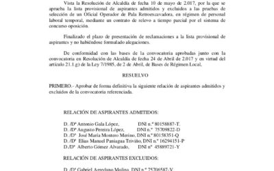 Lista de aspirantes seleccionados para Oficial Operador de Pala Retroexcavadora