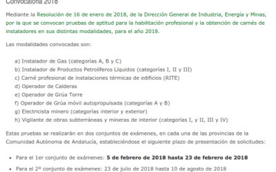 Información sobre los exámenes de instaladores para la convocatoria de 2018